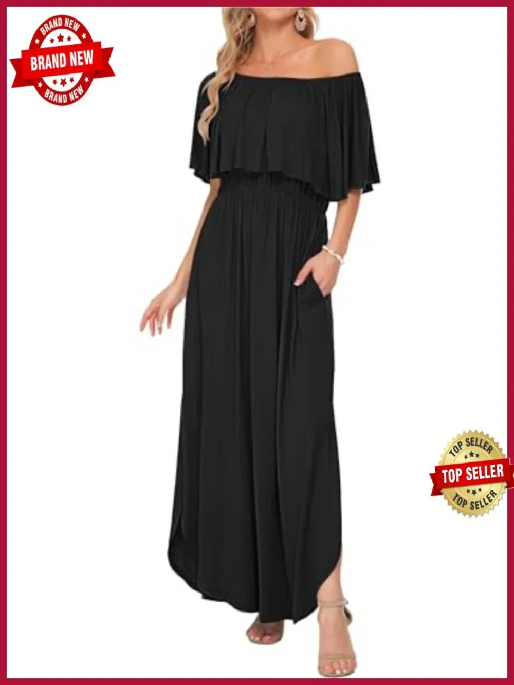 Womens Off Shoulder Ruffle Maxi Dress with Pockets Summer Beach